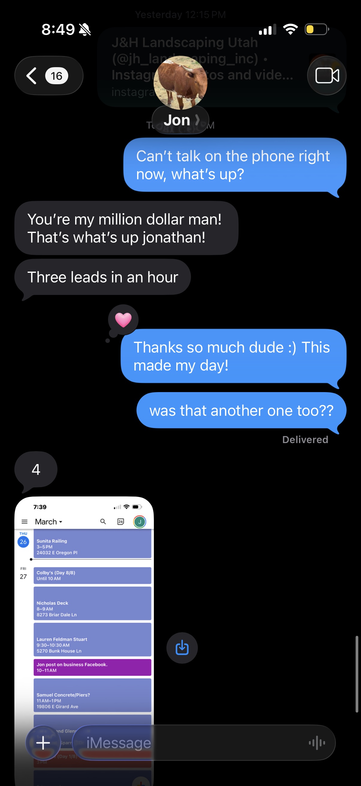 Client text message about new leads coming in